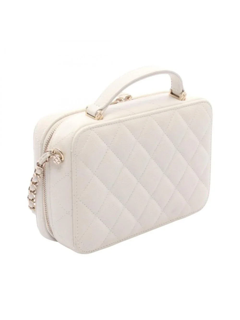 Chanel Shoulder Bag Quilted Vanity Top Handle 2-Way White Caviar Leather Chain